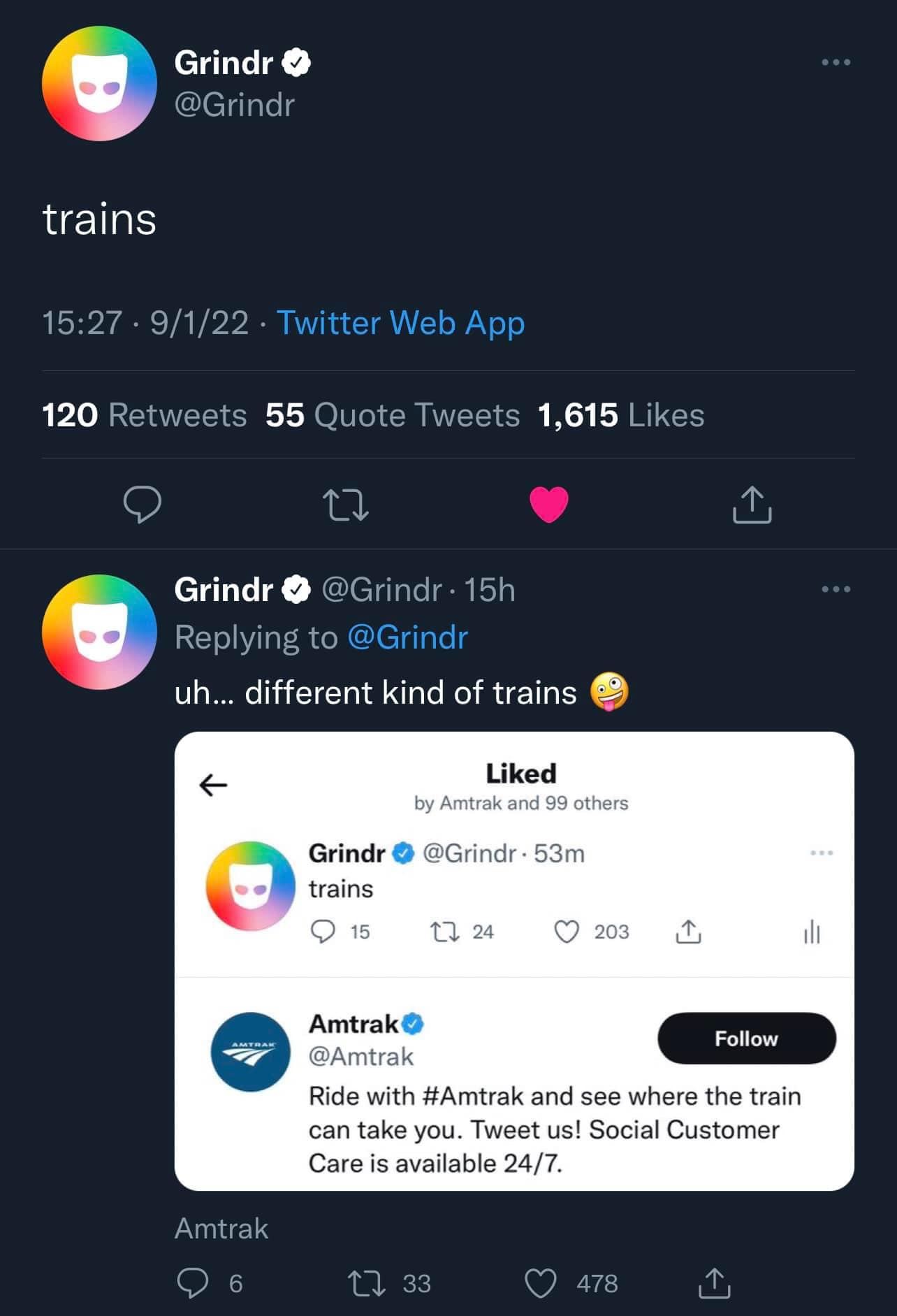 The meme is a screenshot of a tweet from the Twitter account "Grindr", a dating app for LGBTQ+ individuals. The tweet says "when u find out ur match is a train conductor" and is accompanied by a laughing emoji. The tweet is responding to a joke about someone's dating life, implying that their match is a train conductor, which is a play on words referencing the fact that Grindr is a dating app, and trains are a form of transportation.